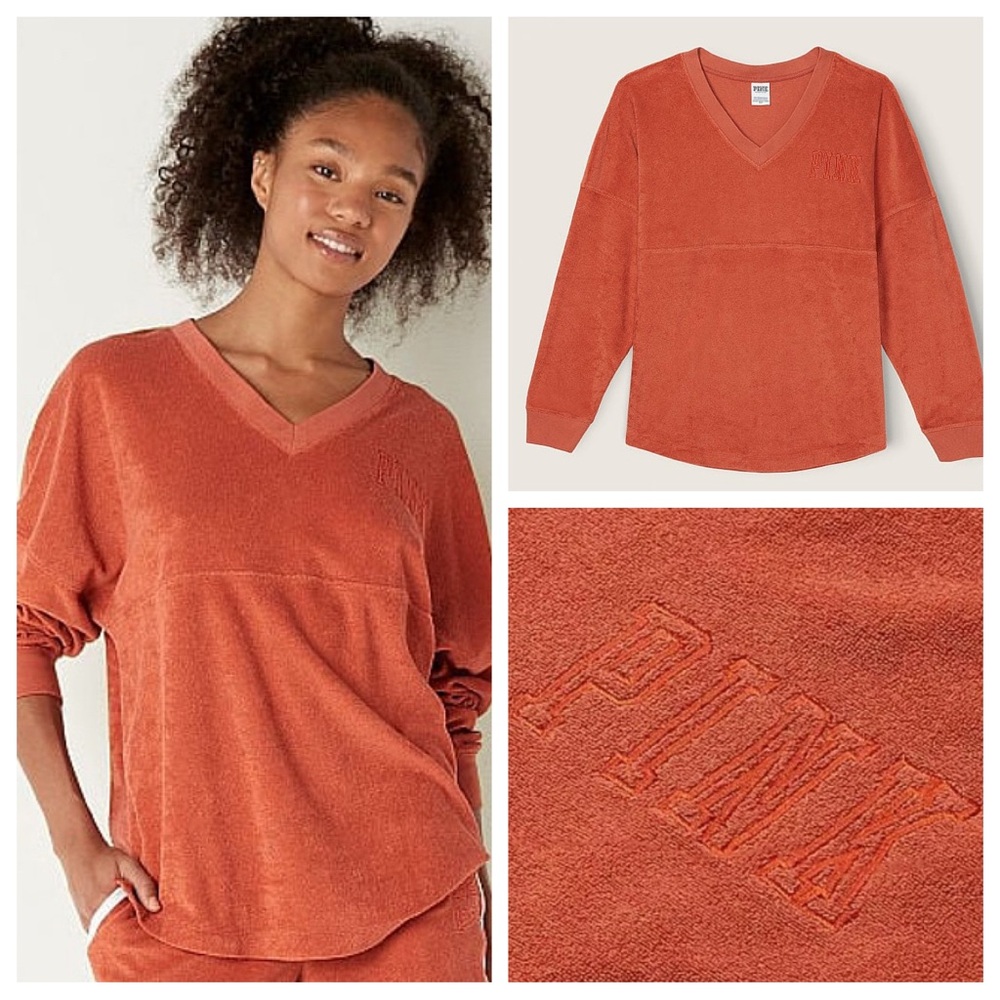 VS VICTORIAS SECRET PINK LONG SLEEVE VARSITY BEACH TERRY V NECK CREW TEE TOP M